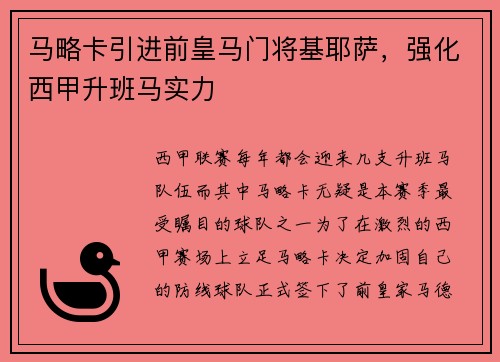 马略卡引进前皇马门将基耶萨，强化西甲升班马实力